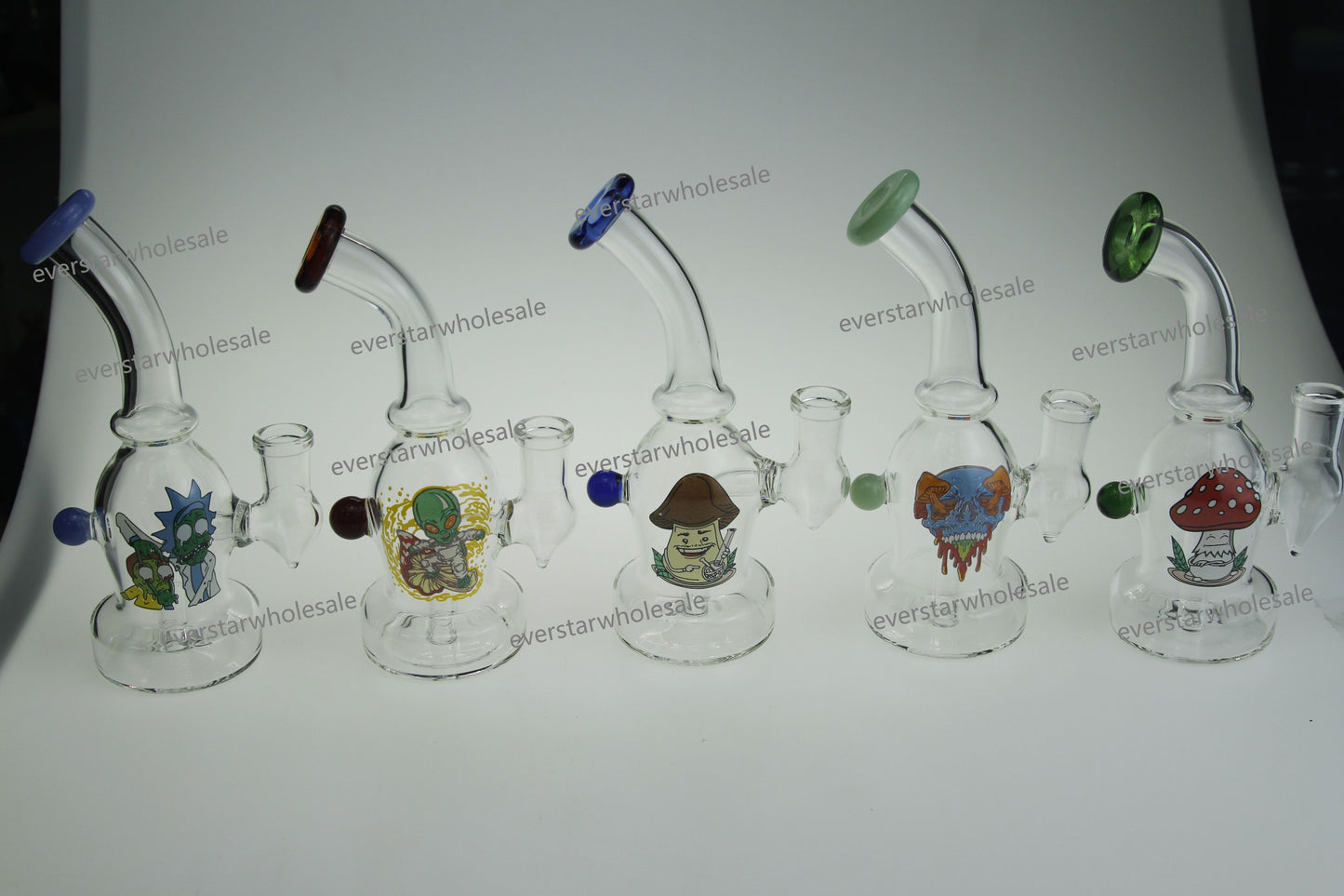 6.5" Bend Neck Round Base Glass Water Pipe with Sticker