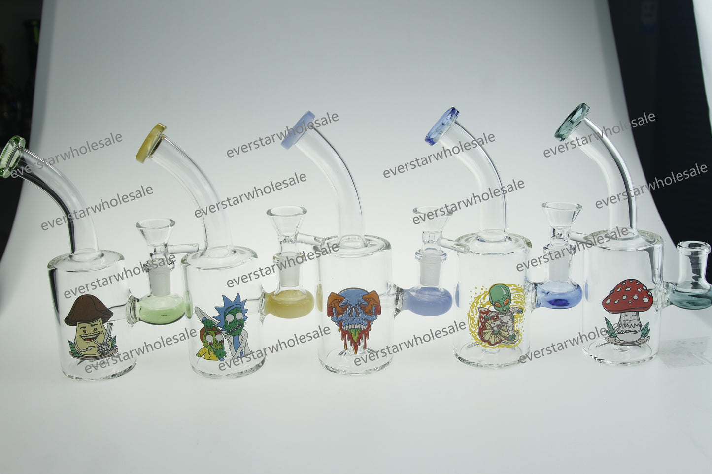 6.7" Bend Neck Colorful Mouthpiece Cylinder Glass Water Pipe with Sticker