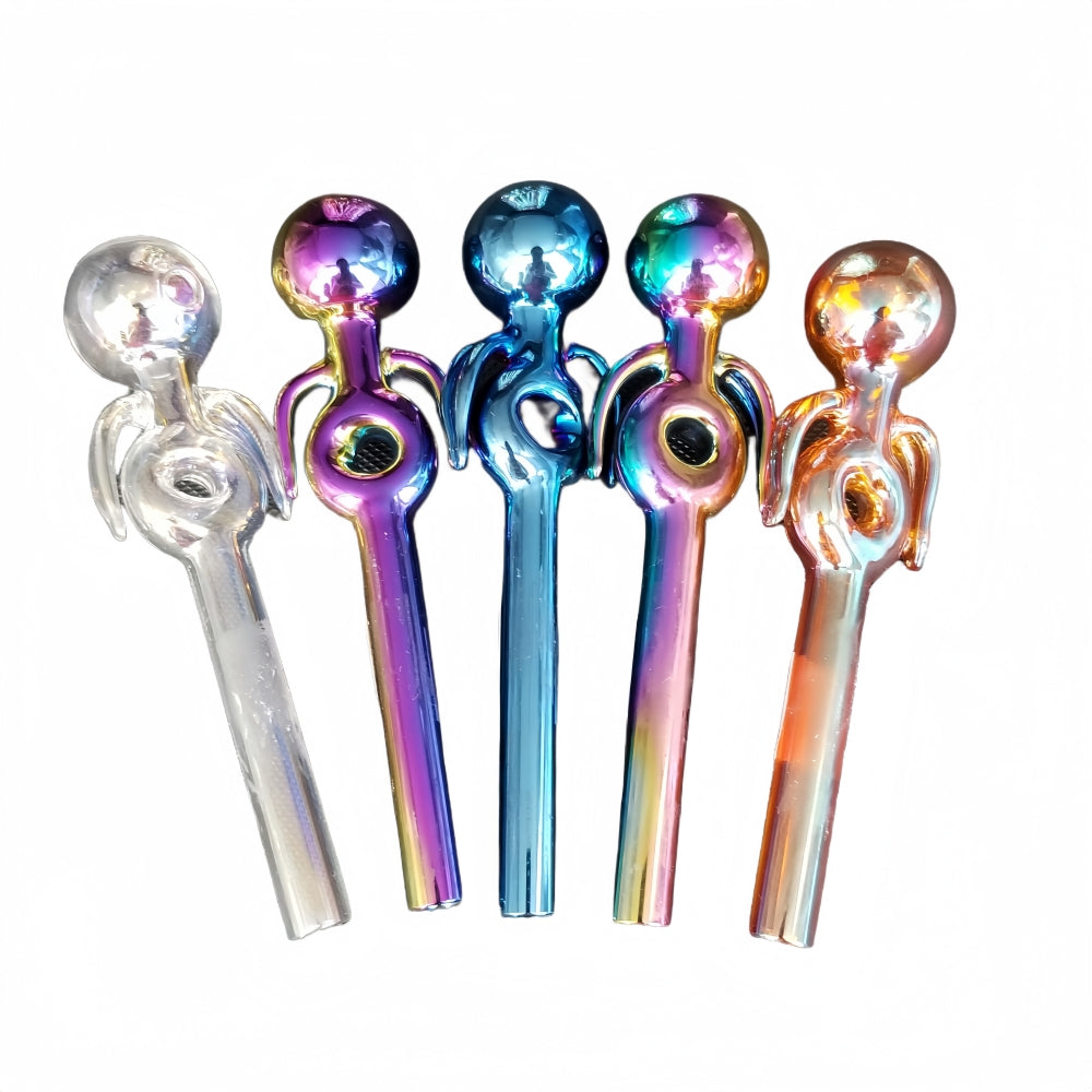 5.5Inch Length Metallic Color Electroplated Donut Glass Oil Burner Pipe with Two Wings Random Color-10 PCS PACK