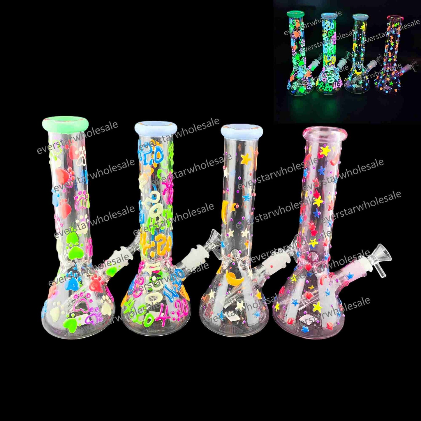 10 Inch Glass Beaker Water Pipe Glow in the Dark Hand Drawing