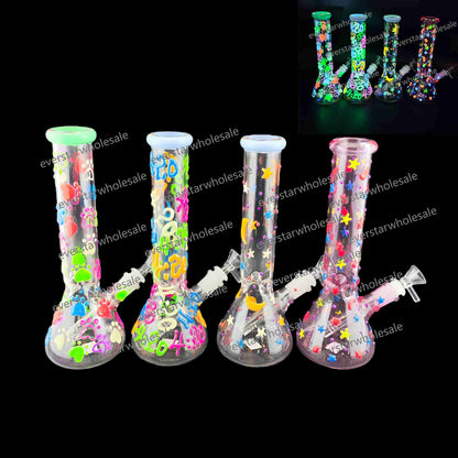 10 Inch Glass Beaker Water Pipe Glow in the Dark Hand Drawing