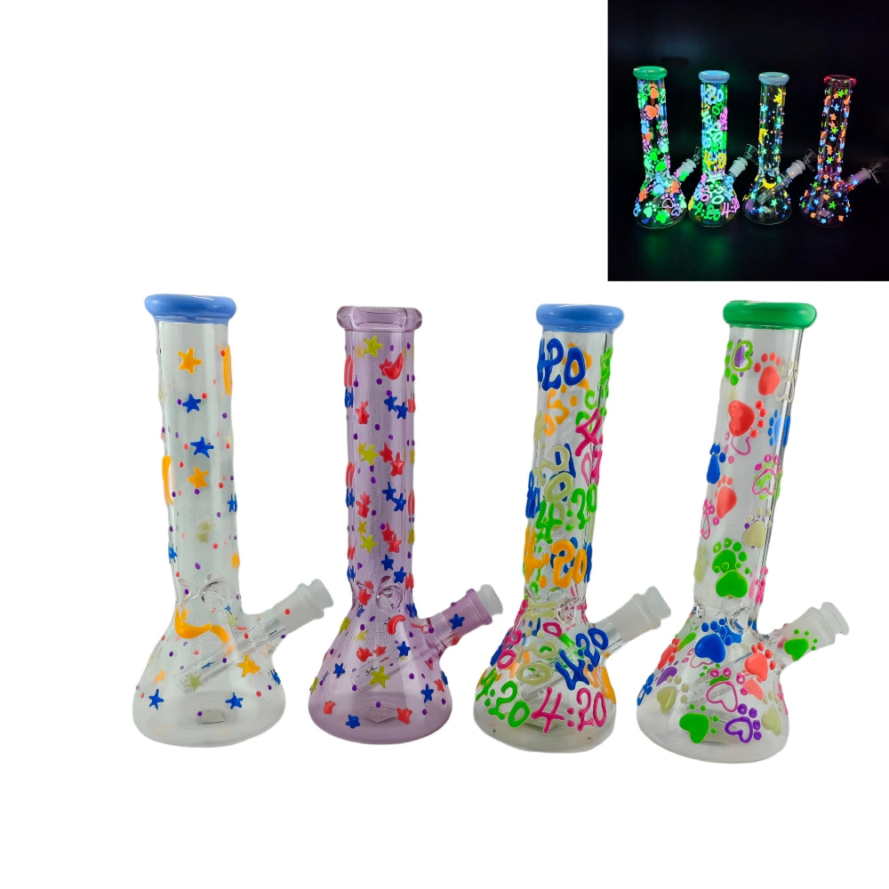 10 Inch Glass Beaker Water Pipe Glow in the Dark Hand Drawing