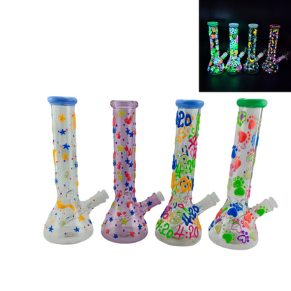 10 Inch Glass Beaker Water Pipe Glow in the Dark Hand Drawing