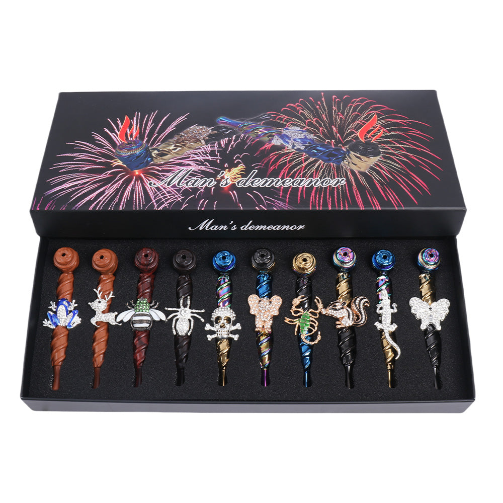 Metal Hand Pipe Spiral Tube with Diamond Animal on Tube-10pcs/Box