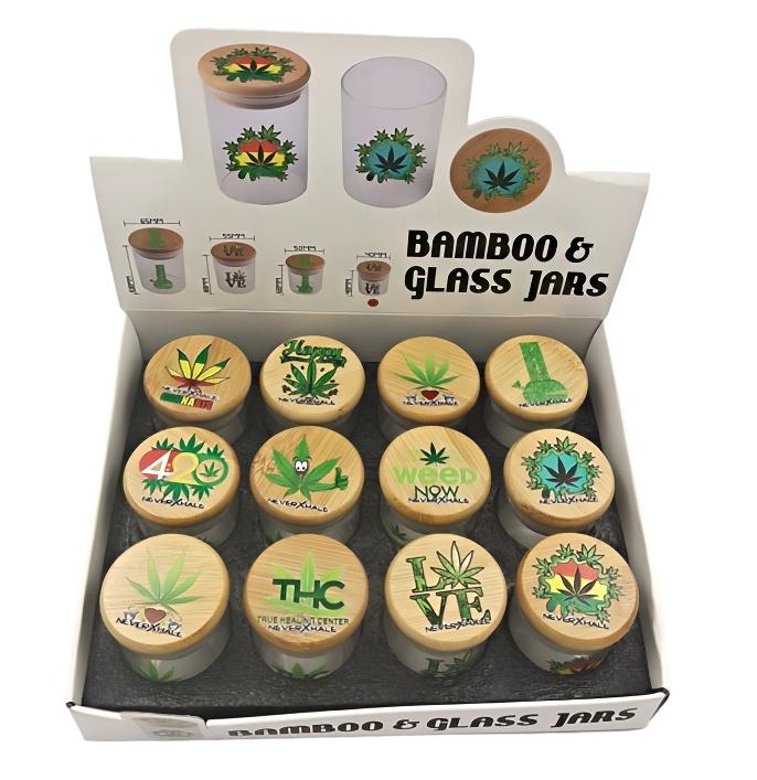Sealed Storage Glass Jar with Printed Pattern Wood Lid in Display Box-40mm Diameter