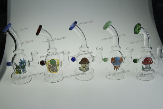 6.5" Bend Neck Round Base Glass Water Pipe with Sticker