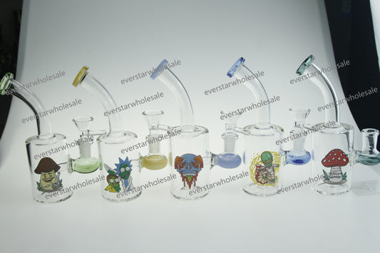 6.7" Bend Neck Colorful Mouthpiece Cylinder Glass Water Pipe with Sticker