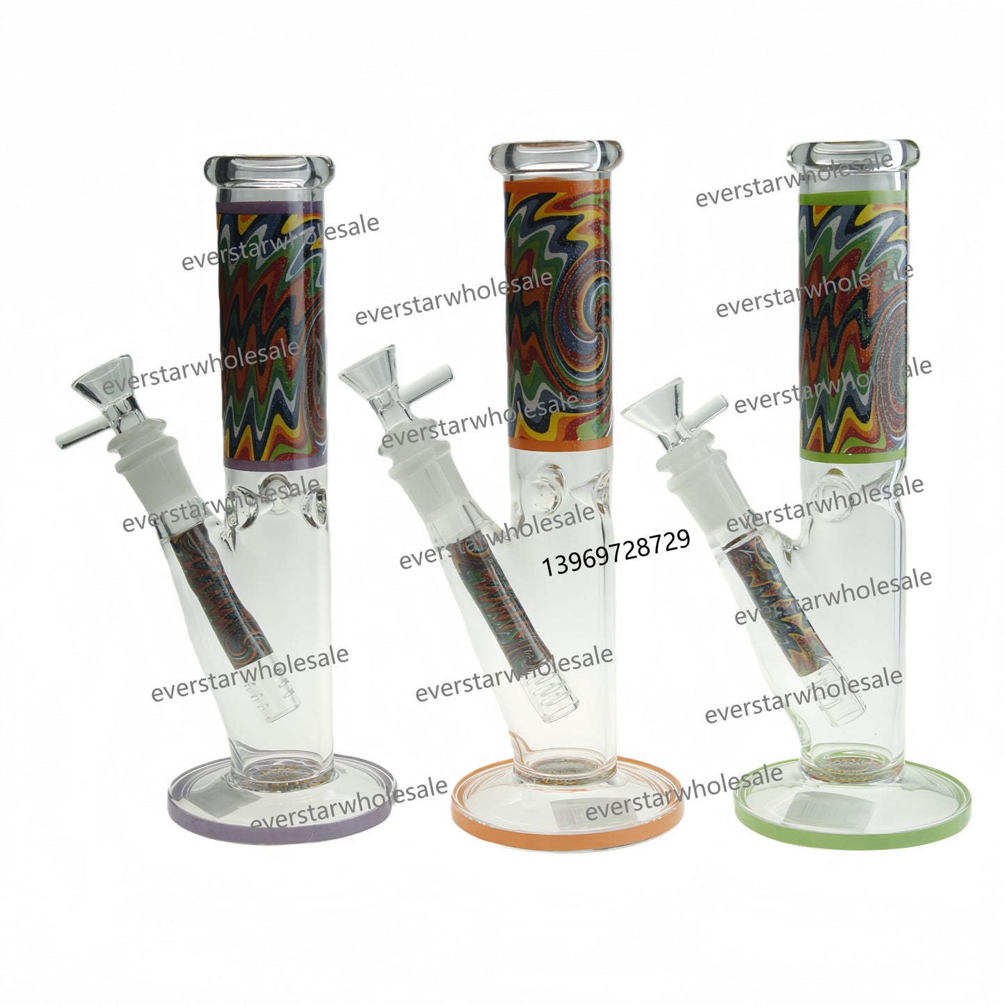9.8 Inch Tall Wave Line Flash Powder Straight Tube Glass Water Pipe-Random Color Comes