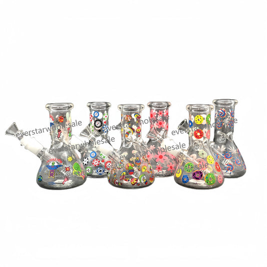 6 Inch Tall Glass Beaker Water Pipe with Stickers-Random Pattern Comes