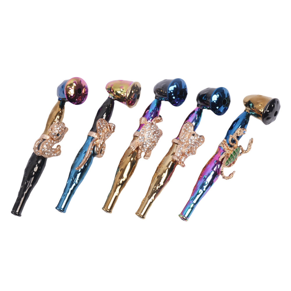 Metal Hand Pipe with Diamond Animal on Tube-10pcs/Gift Box