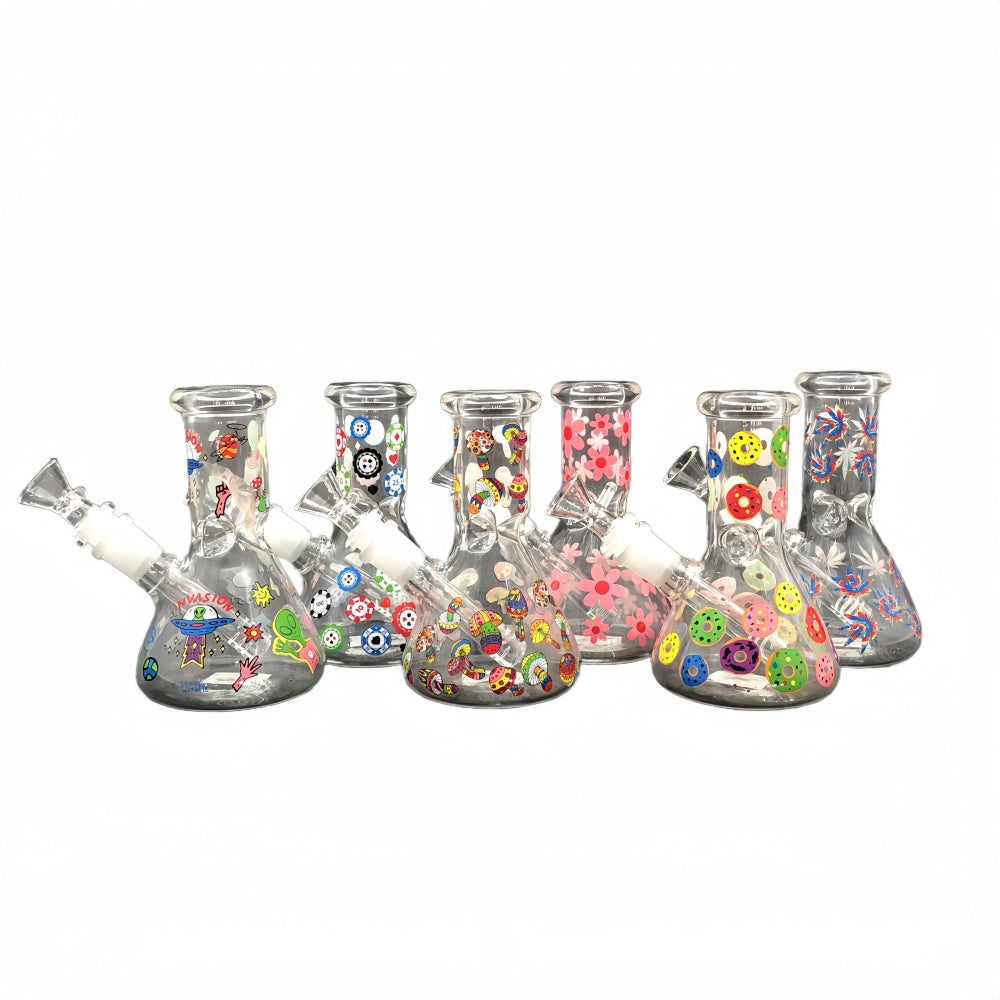 6 Inch Tall Clear Glass Beaker Water Pipe with Stickers-Random Pattern Comes