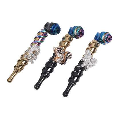 Metal Hand Pipe Spiral Tube with Diamond Animal on Tube-10pcs/Box