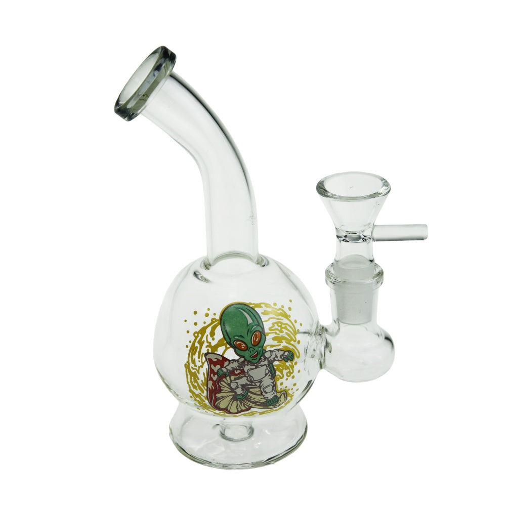 6.3" Bend Neck Round Chamber Glass Water Pipe with Sticker