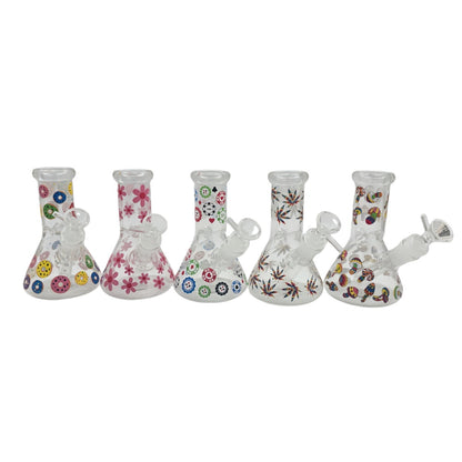 6 Inch Tall Clear Glass Beaker Water Pipe with Stickers-Random Pattern Comes