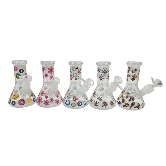 6 Inch Tall Clear Glass Beaker Water Pipe with Stickers-Random Pattern Comes