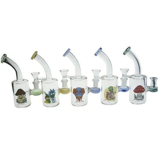 6.7" Bend Neck Colorful Mouthpiece Cylinder Glass Water Pipe with Sticker