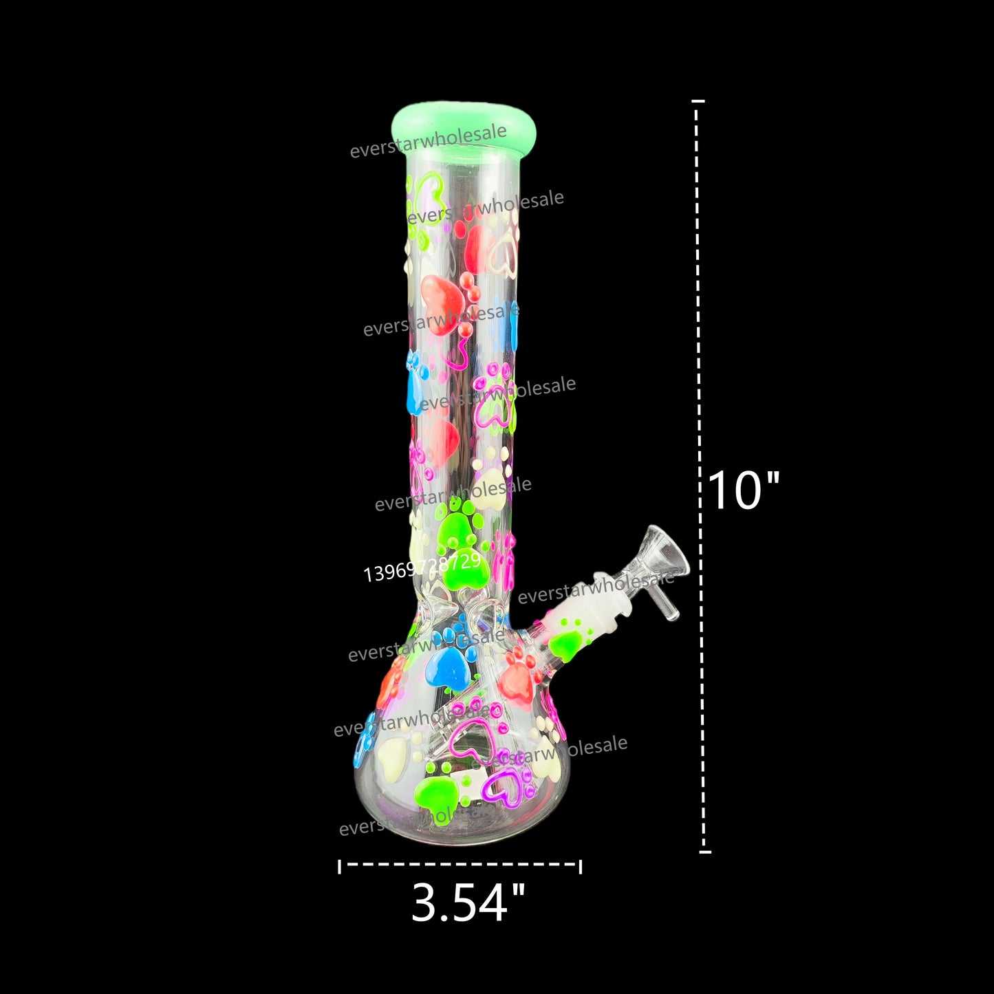 10 Inch Glass Beaker Water Pipe Glow in the Dark Hand Drawing