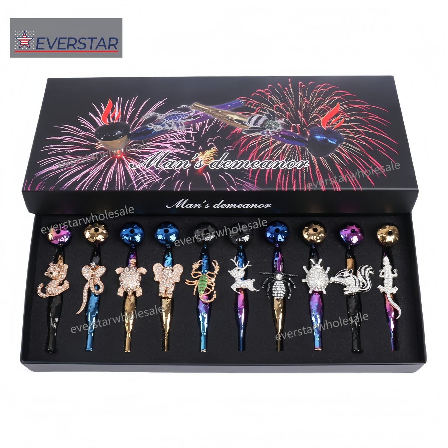 Metal Hand Pipe with Diamond Animal on Tube-10pcs/Gift Box