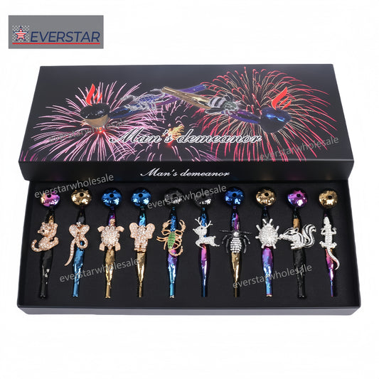 Metal Hand Pipe with Diamond Animal on Tube-10pcs/Gift Box