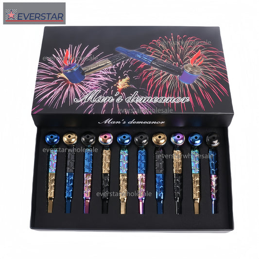 Multi Colors Metal Hand Pipes with Curved Bamboo Leaves-10pcs/Box