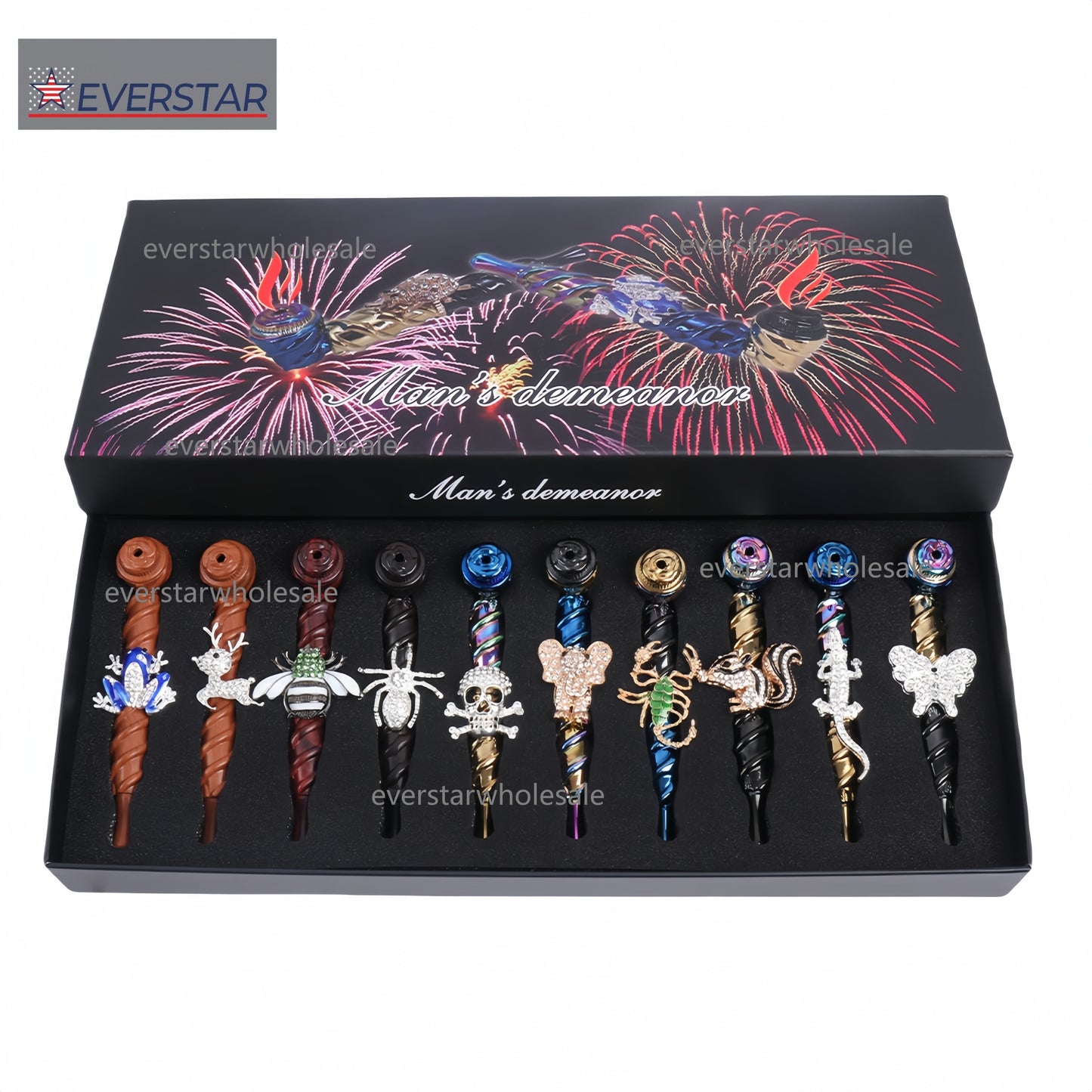 Metal Hand Pipe Spiral Tube with Diamond Animal on Tube-10pcs/Box