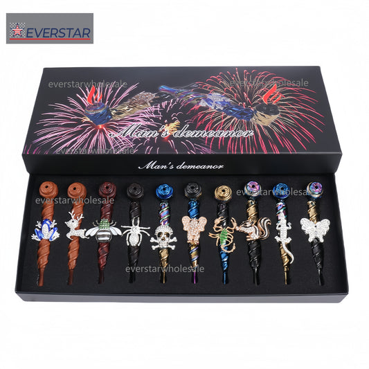 Metal Hand Pipe Spiral Tube with Diamond Animal on Tube-10pcs/Box