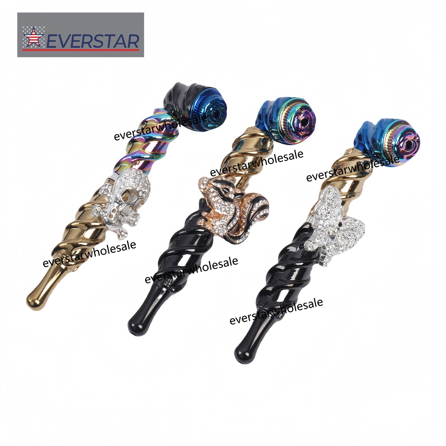 Metal Hand Pipe Spiral Tube with Diamond Animal on Tube-10pcs/Box