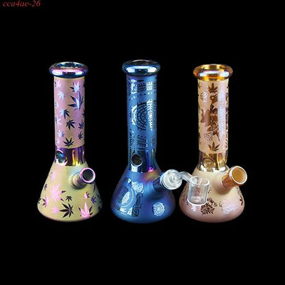 1pc Electroplated Glass Beaker Bong Water Pipe with Curved Patterns 8"
